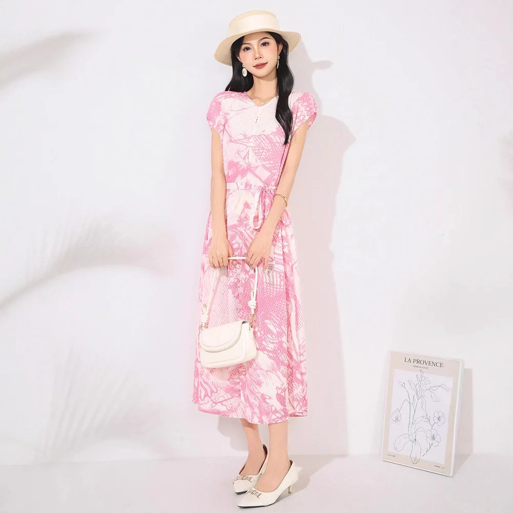 

Miyake Style Pleated Dress for Women 2025 Autumn New Elegant Temperament Ink Printing O-neck Long Sleeves Large Midi Skirt