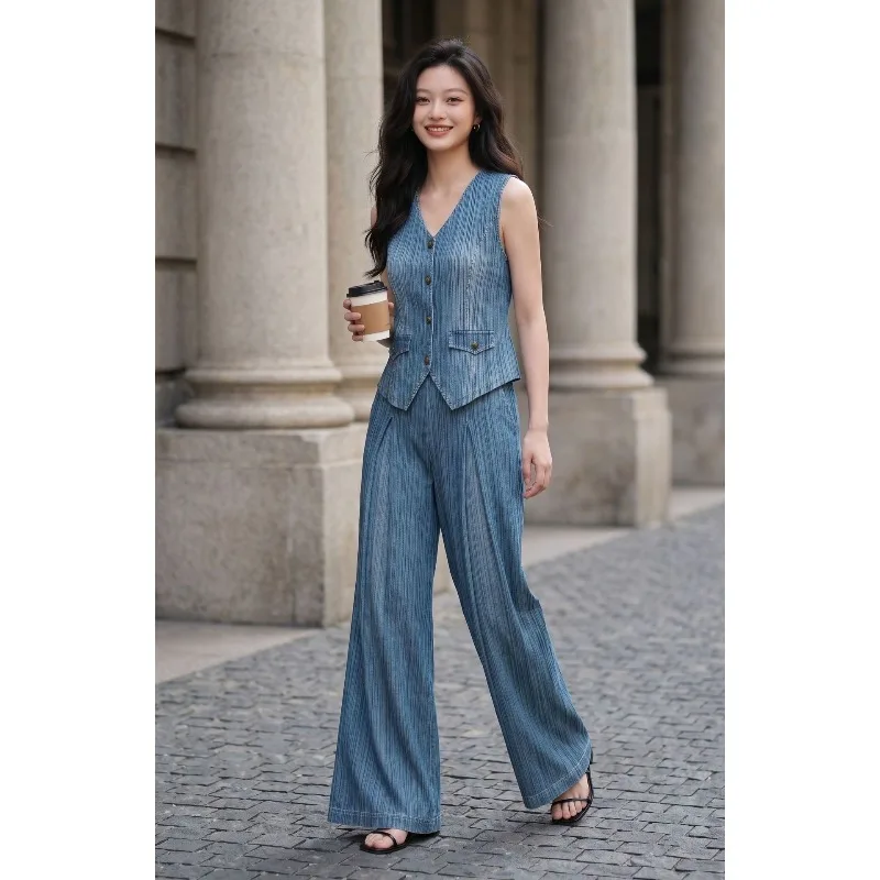 Miyake Pleated Denim Suit 2026 New Elegant Casual Vest Top Elastic Waist Straight Wide-Leg Pants Women's Commuter Fashion Suit