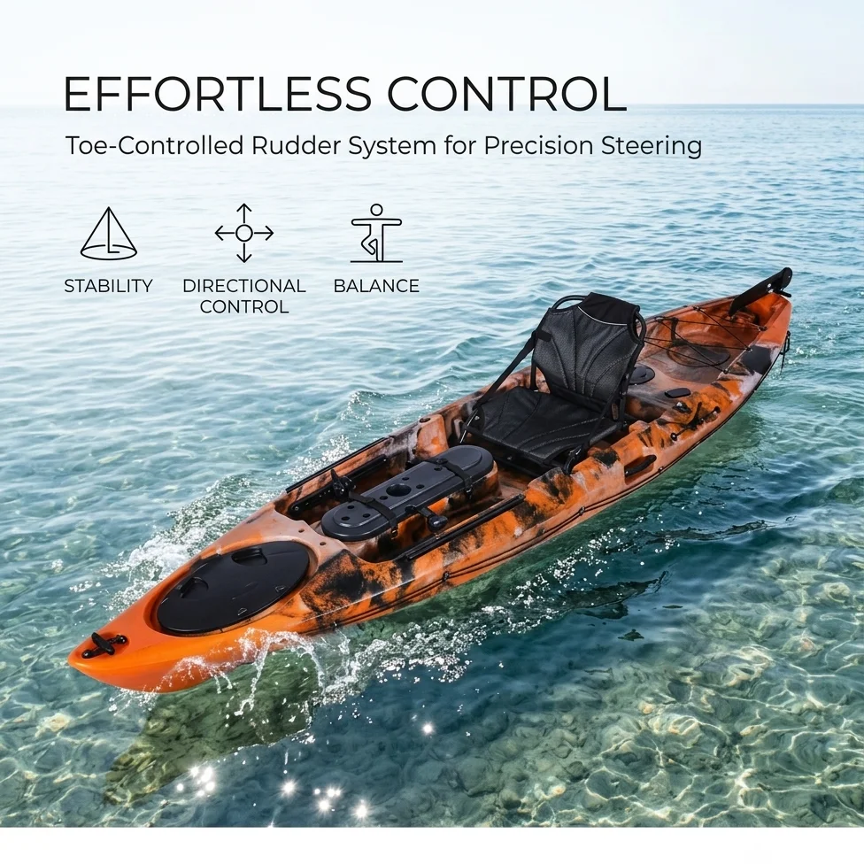 Wholesale Orange Camo Sit On Top Fishing Kayak Toe Control Rudder Raised Frame Chair Single Angler Plastic Canoe Boat