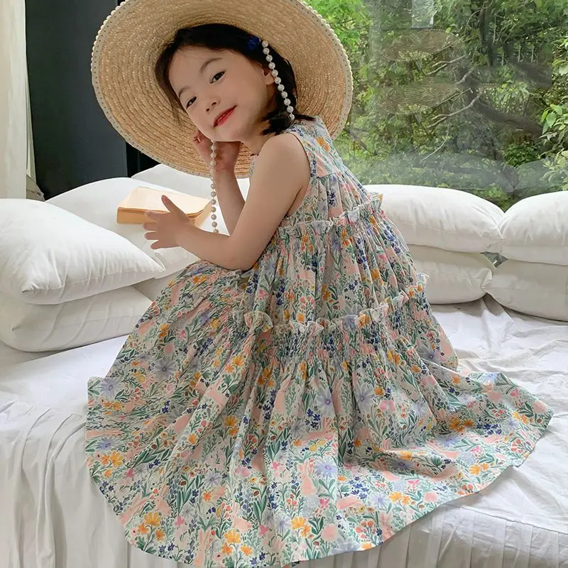 Dress Girl Summer 2026 Fashion Dresses Beach Dress Kids 3 To 10 Years Old Princess Party Ball Gown Dress Girl Sling V-neck 4 8T