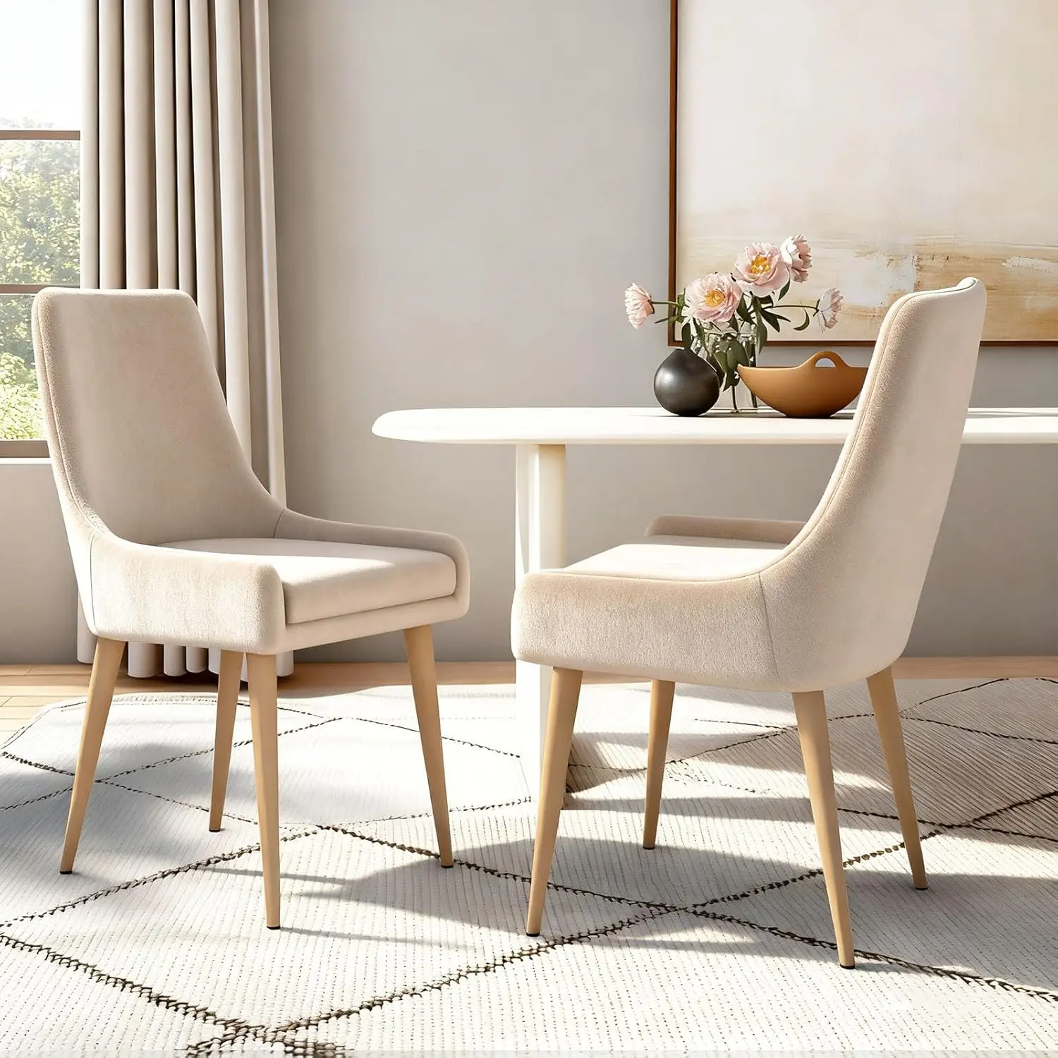 

Beige Upholstered Fabric Dining Chair Set Mid Back Detachable Cushion for Kitchen Restaurant Cafe Living Room, Customized