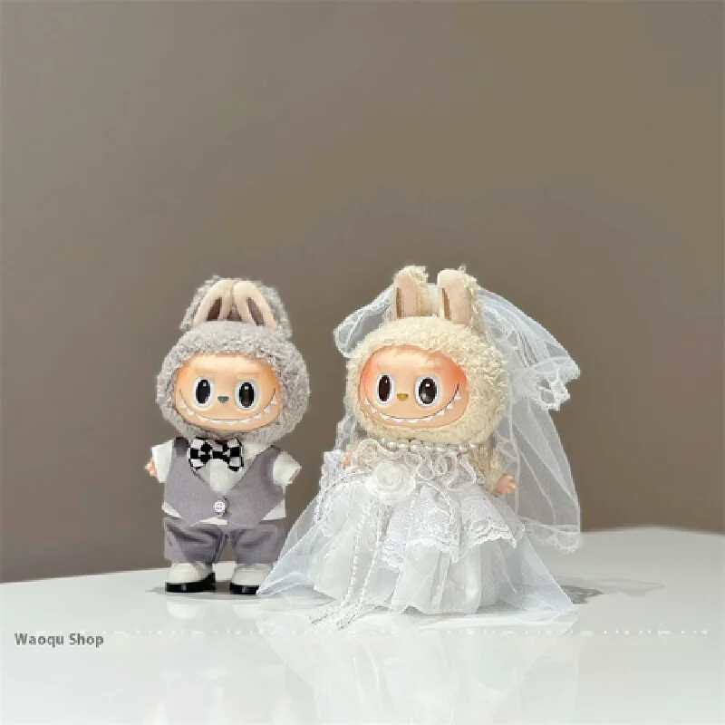 

For 17cm Labubu Mini Doll Clothes Wedding Suit Vest Set Trendy Pearl Hair Accessories Wedding Dress Outfit Accessories
