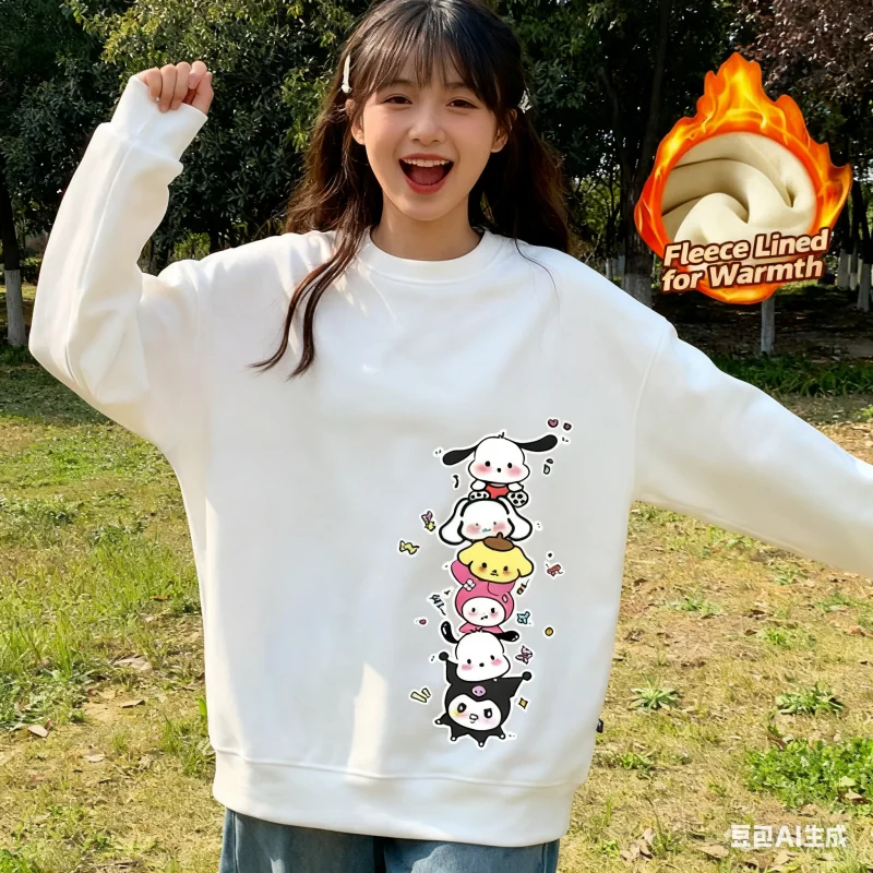 

Sanrio Series Printed Crew Neck Long-Sleeve Top, Cute and Warm Fleece-Lined Crew Neck Long-Sleeve T-Shirt, 100% Cotton