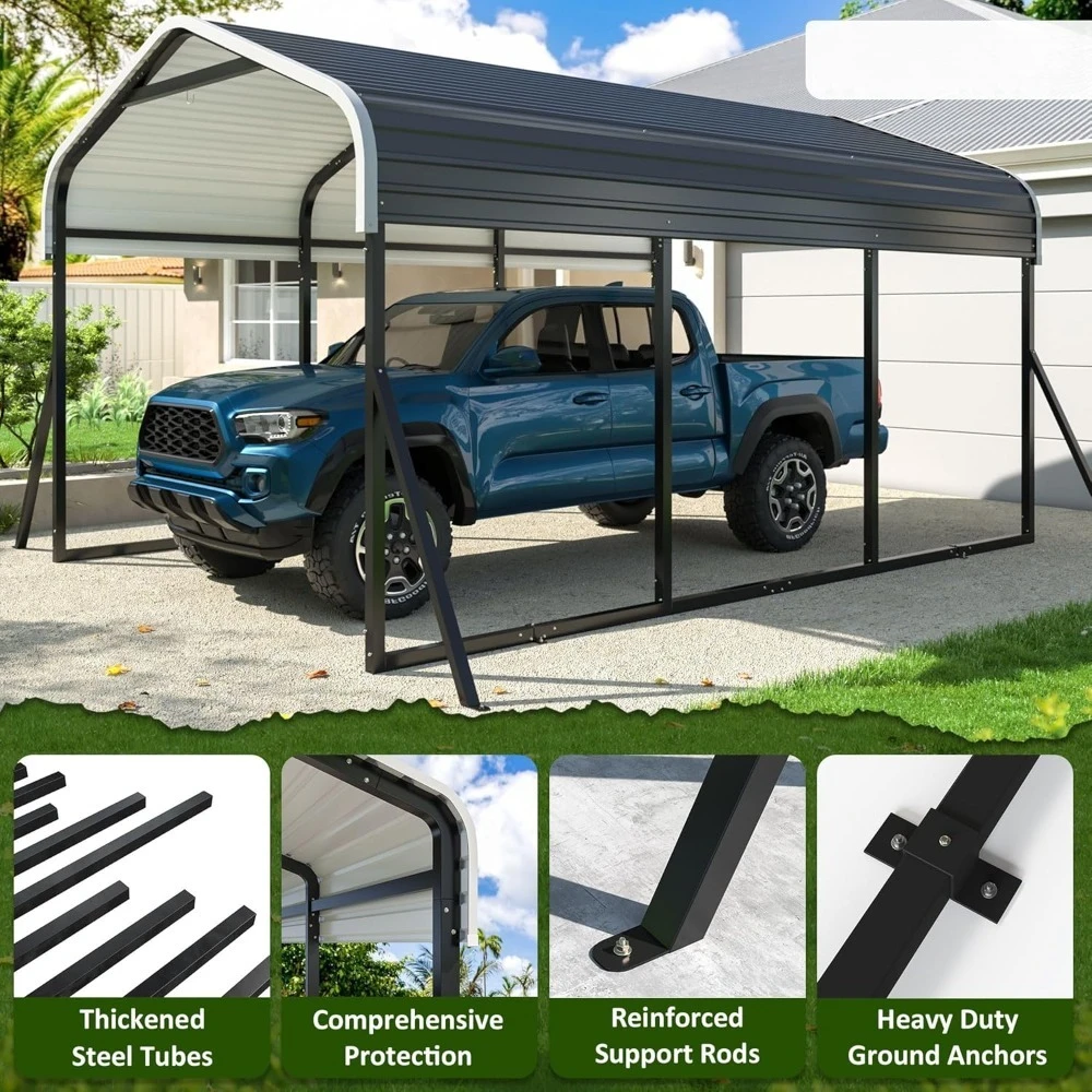 مظلة سجاد شديدة التحمل مقاس 10 × 15 قدمًا، مع هيكل إطار محدث وسقف فولاذي مجلفن وقاعدة محسنة، جراج مرآب معدني #4