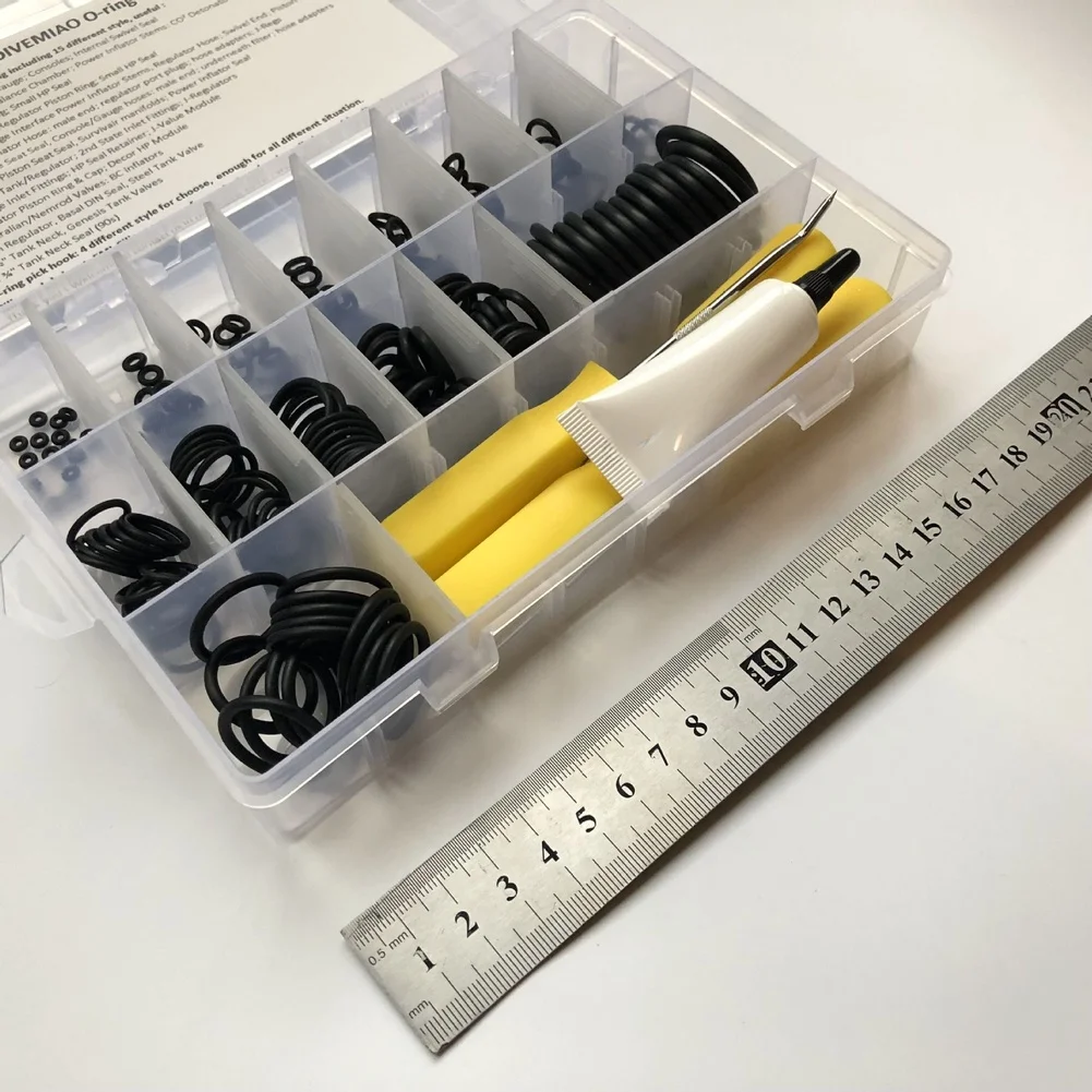 Diving Equipment O-Ring Replacement Kit Featuring 225 NBR70 Seals 15 Sizes 4 Stainless Steel Tools and Silicone Grease