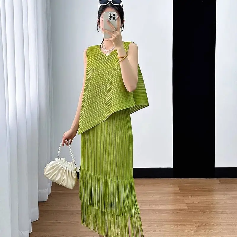 

Tassel Skirt Set Women A-line High Waist Skirt Sleeveless Tops Office Lady Suit Design Clothing Trendy Loose Dress Sets Pink New
