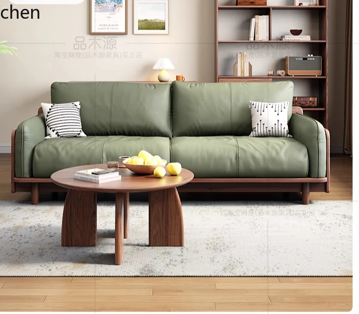 

ZML solid wood sofa coffee table combination small apartment living room straight row wooden sofa