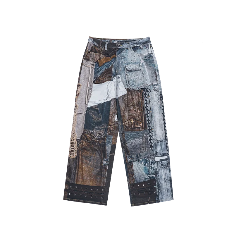 

American Street Vintage Patchwork Digital Printed Jeans Male and Female Trendy Brand Loose Wide Leg Fashion High-End Trousers