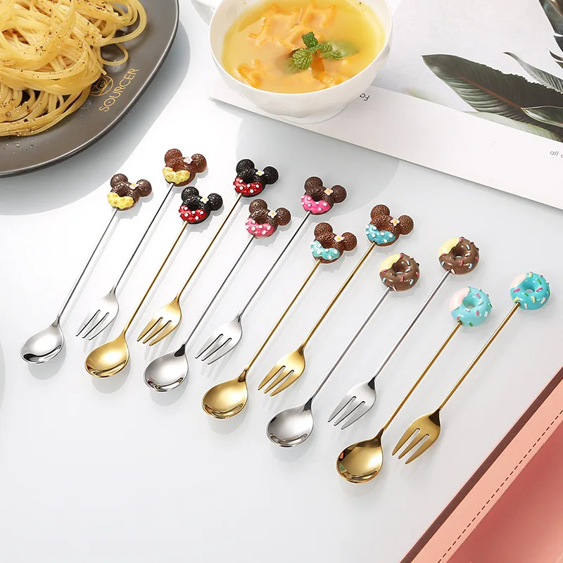 Disney Mickey Spoon Kawaii Cartoon Long Handled Stainless Steel Coffee Spoon Household Fall Prevention Heat Resistant Spoon