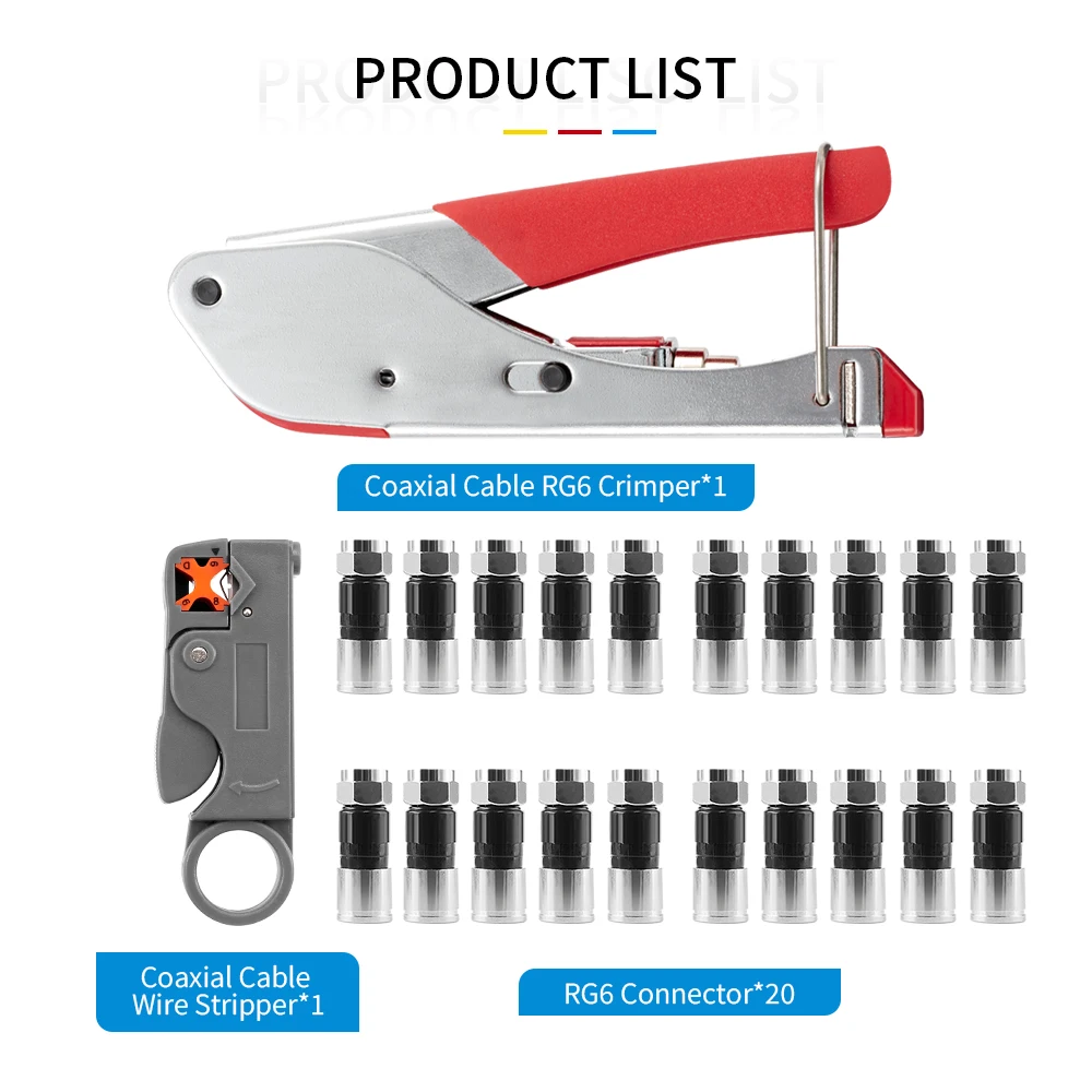 RG6 RG59 Coaxial Compression Tool Kit, Crimper & Wire Stripper with 20pcs F Connectors for CATV Satellite TV CCTV Installation