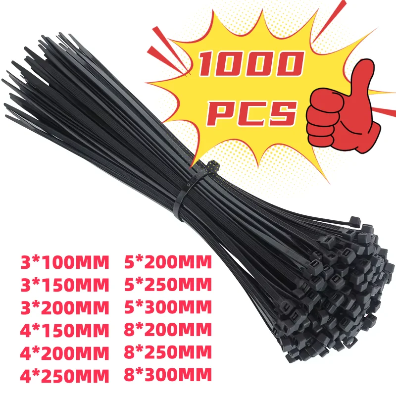 1000/100Pcs Plastic Nylon Cable Ties Self-locking Cord Ties Straps Adjustable Cables Fastening Loop Home Office Wire Zip Ties