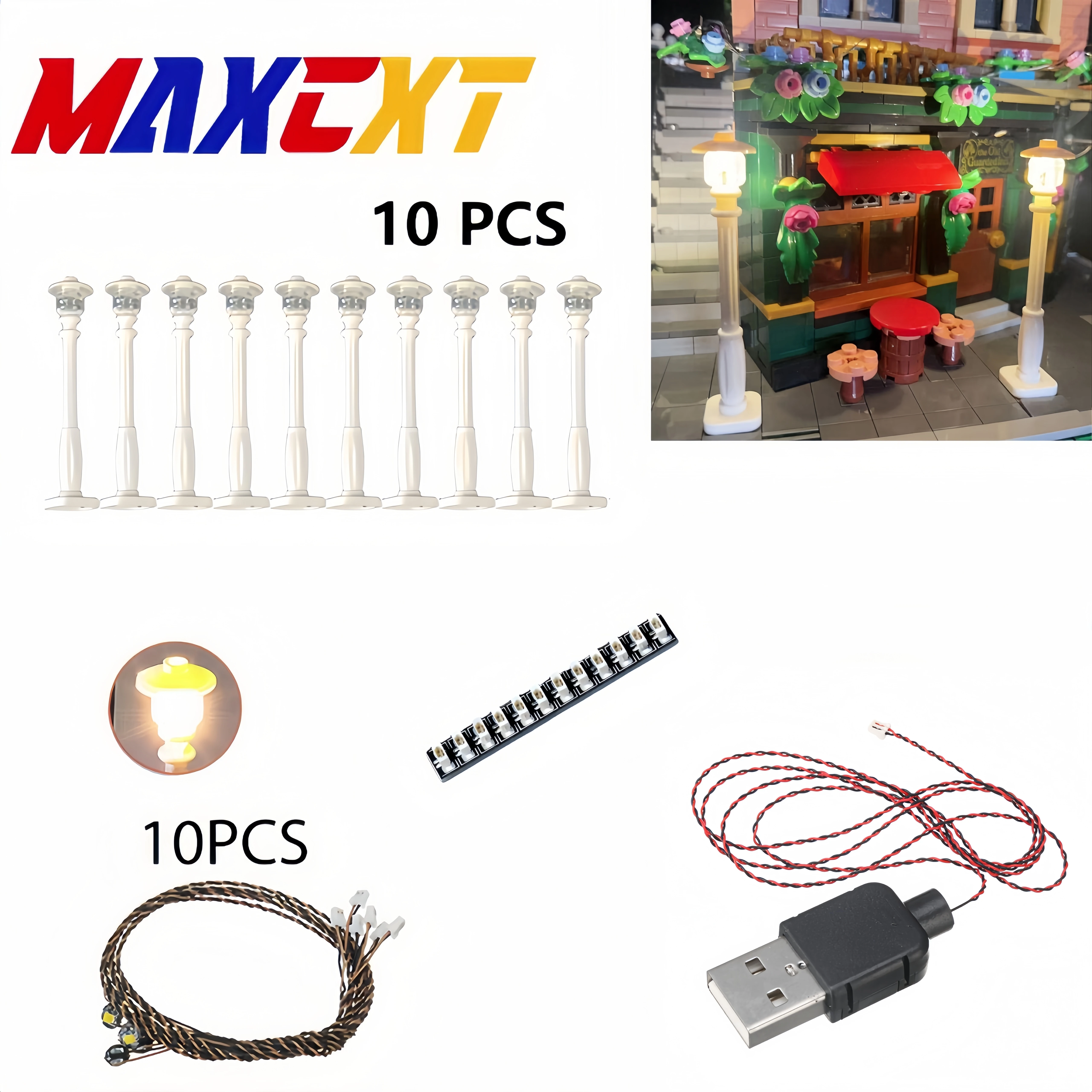 10 قطعة ضوء شارع المدينة Led مصباح مكعبات البناء MOC متوافق مع الطوب مدعوم كابل USB (باستثناء البطارية)