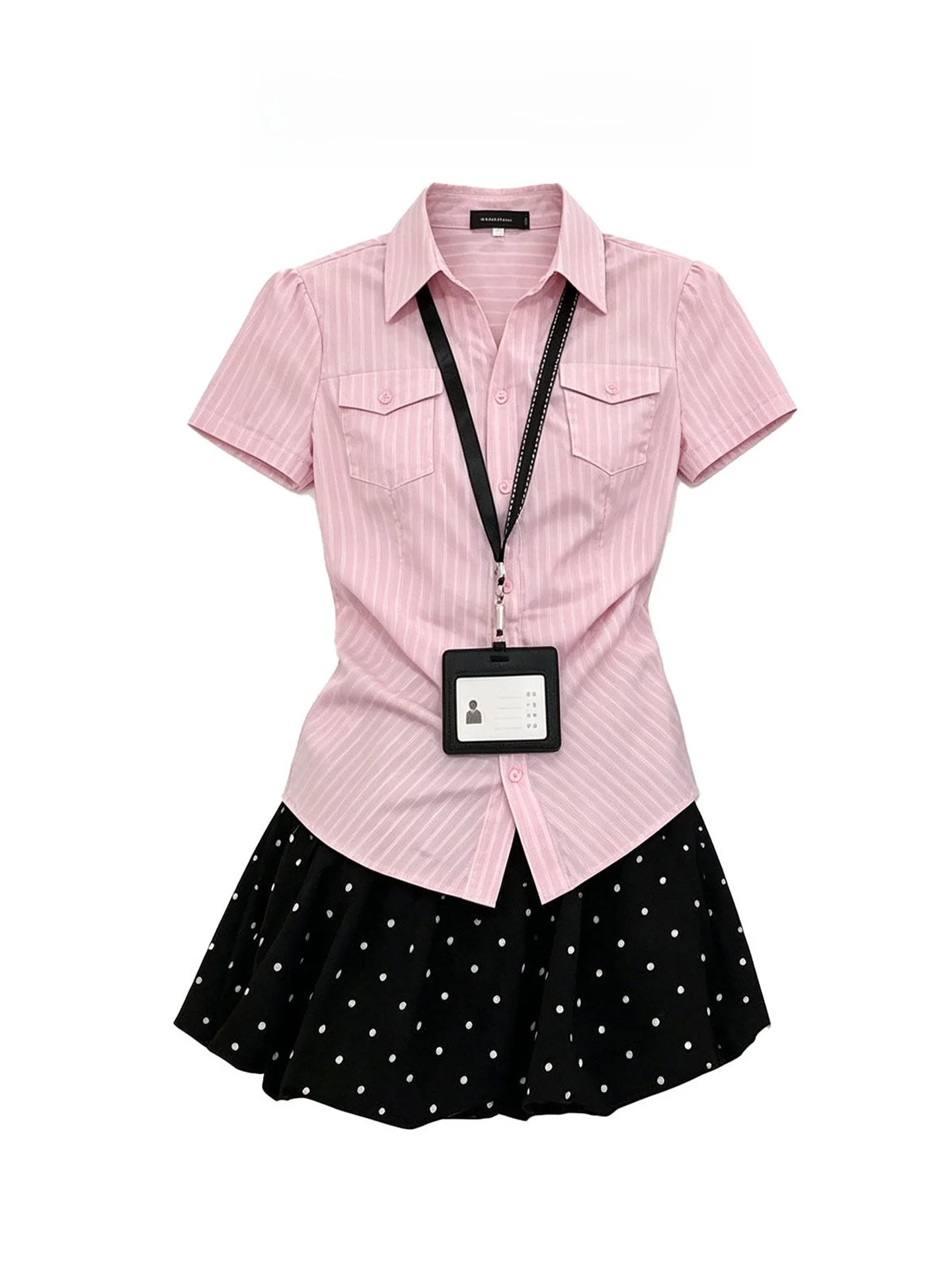 Pink Striped Short Sleeve Shirt Set Women Summer Slim Fit  Collar  Skirt Casual Style Handmade Sewing Korean Series