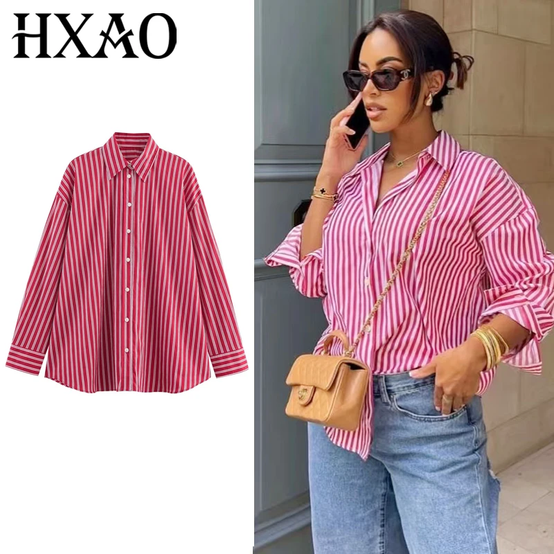 

HXAO Oversized Striped Shirt Woman Blouses Autumn Shirts & Blouses Casual Button Up Large Size Long Sleeve Shirts Ruffled Blouse