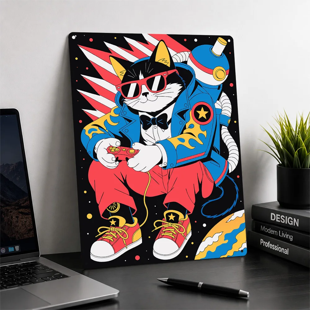 Cool Gamer Cat in Space Metal Poster Perfect Gift for Fans Lovers Personalized Wall Art Metal Sign for Home Decorations Decor