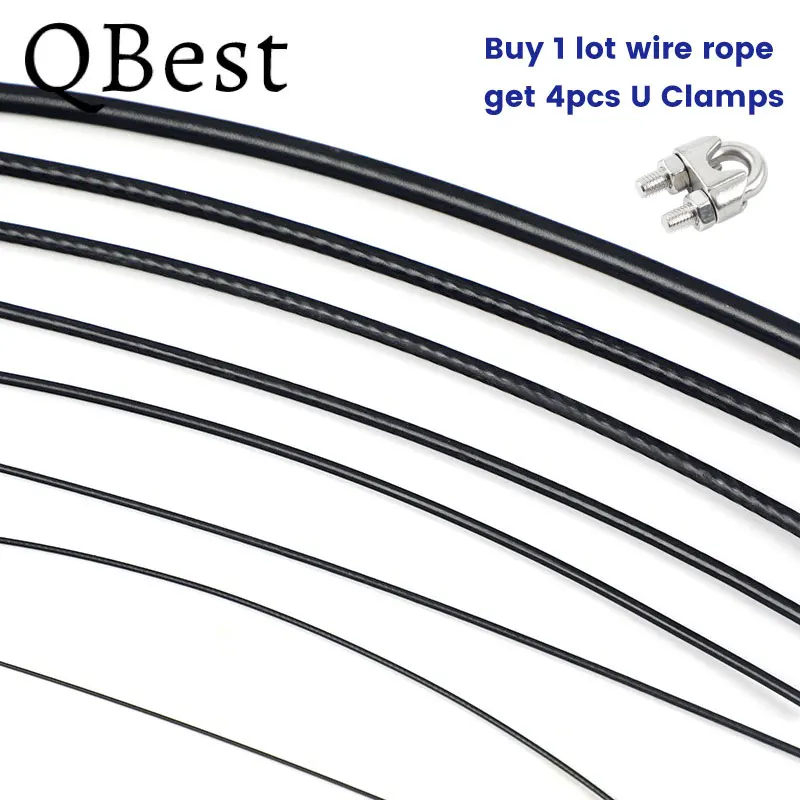 

20M/30M/50M Black PVC Coated Plastic 304 Stainless Steel Wire Rope Flexible Soft Cable Clothesline Diameter 0.8/1/1.5/2/2/3/4mm