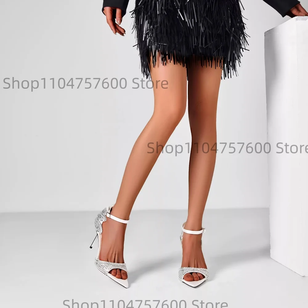 

Women's White Crystal Wing Embellished Pointed Toe Stiletto Heel Ankle Strap Sandals Romantic Elegant Ladies Wedding Dress Shoes
