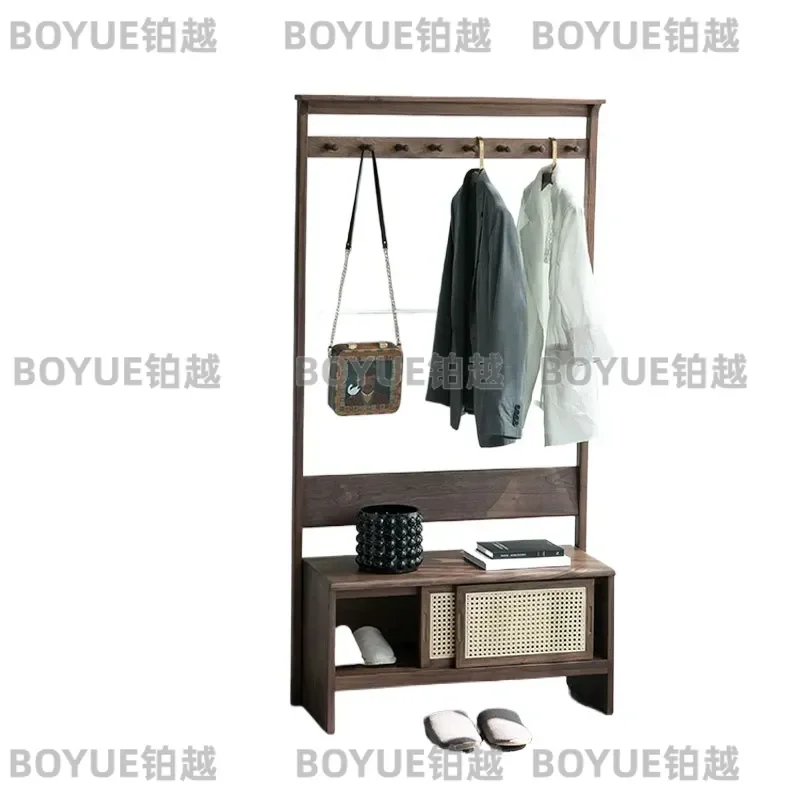 North American Black Walnut Shoe Bench with Coat Rack Solid Wood Entryway Storage Cabinet Simple Foyer Hanger Stand for