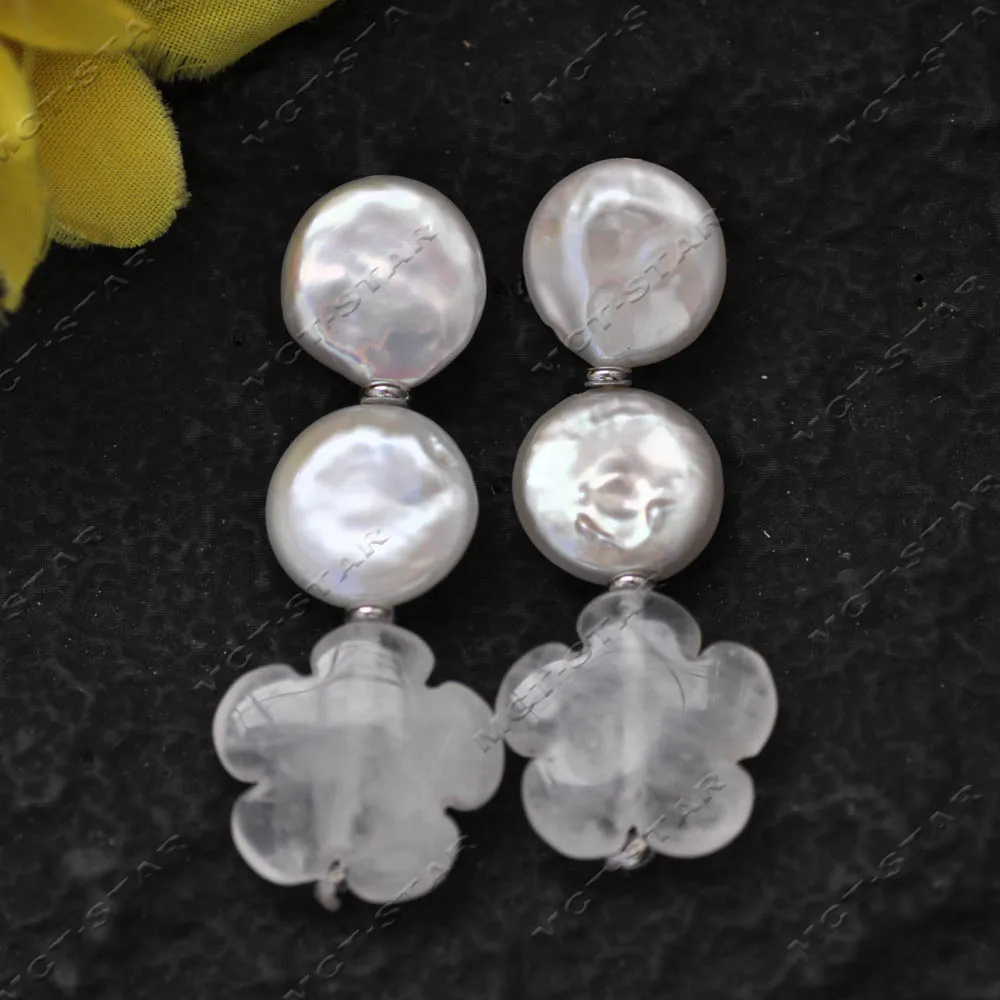 

Z14393 2" 20mm Natural Clean Flower Crystal White Coin Pearl Dangle Earring 925silver