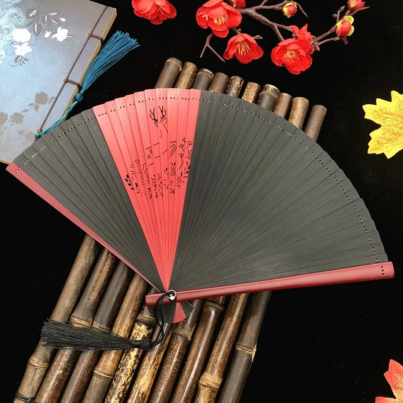 

Hefeng Chinese style all bamboo fan carving hollow ancient style women's folding fan handicraft fan cartoon gift fan