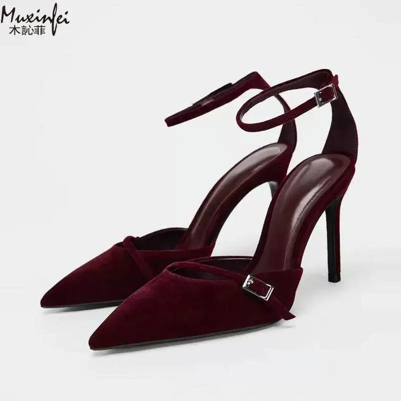 

Sharp pointed high-heeled M ü ller shoes 2026 new velvet fashionable one button buckle with thin heel toe cap sandals for women