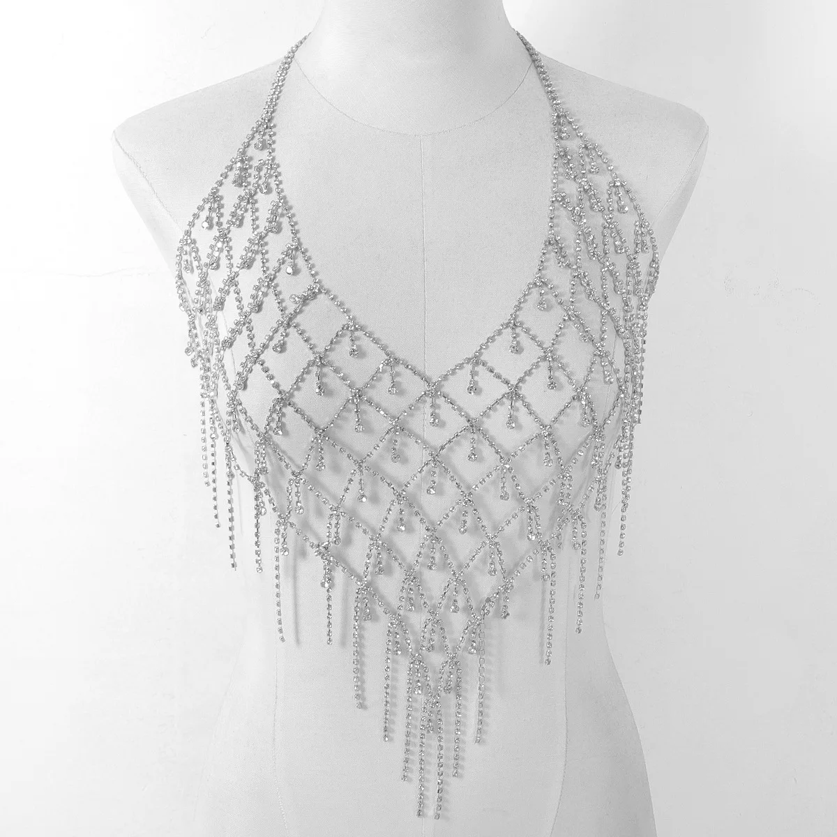 Fashionable Grid Tassel Water Droplet Luxurious Style Rhinestone Chest Chain Nightclub Women's Body Chain Jewelry