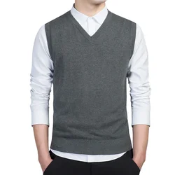 Spring Autumn Knit Vest Male Casual Sweater V-Neck Waistcoat Man Warm Sweaters Vest Knitwear Jumpers Sleeveless Vest Man Clothes