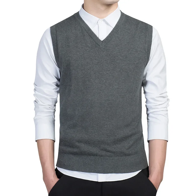 Spring Autumn Knit Vest Male Casual Sweater V-Neck Waistcoat Man Warm Sweaters Vest Knitwear Jumpers Sleeveless Vest Man Clothes