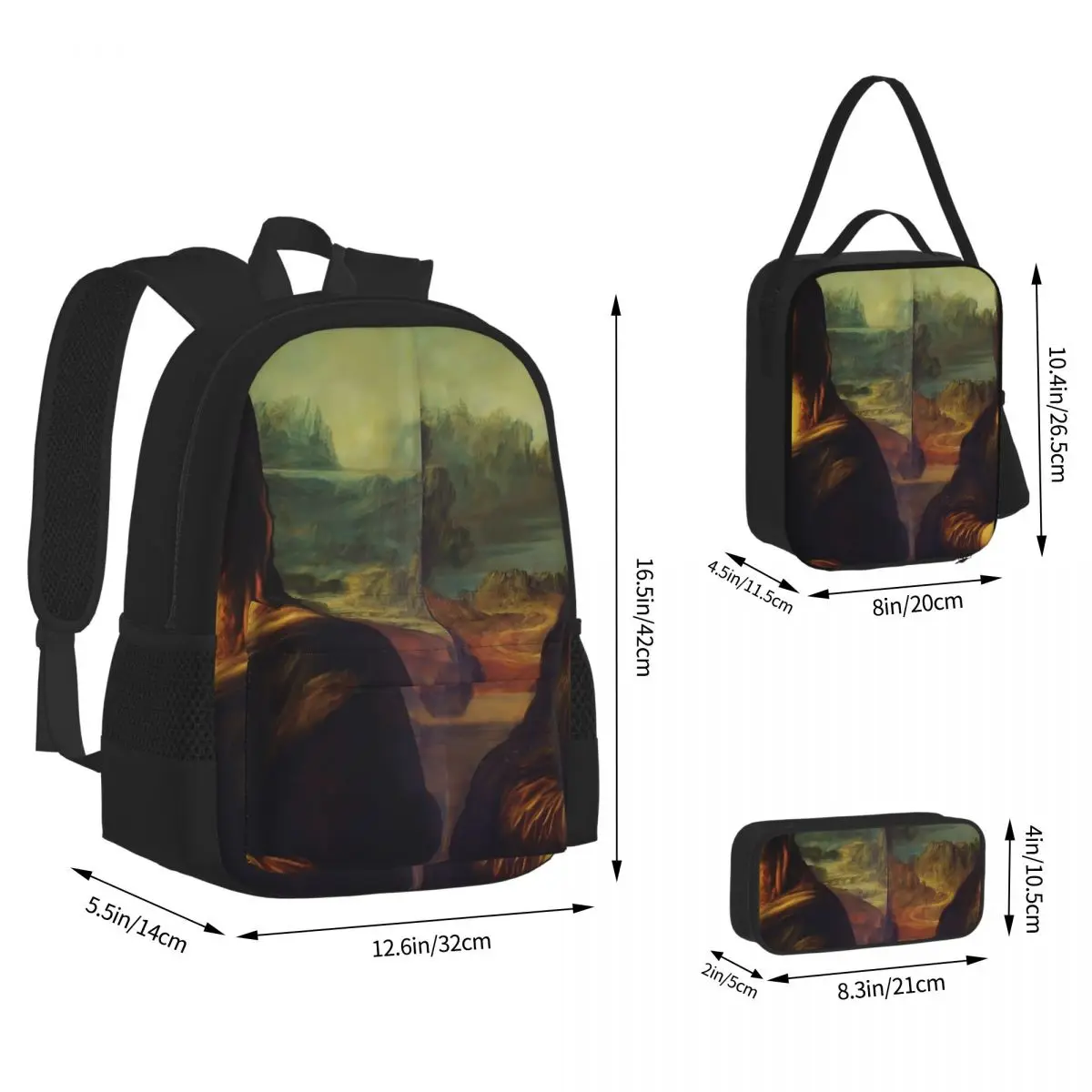 Mona Lisa -Detailed & Restored Backpacks Boys Girls Bookbag Children School Bags Kids Rucksack Lunch Bag Pen Bag Three-Piece Set