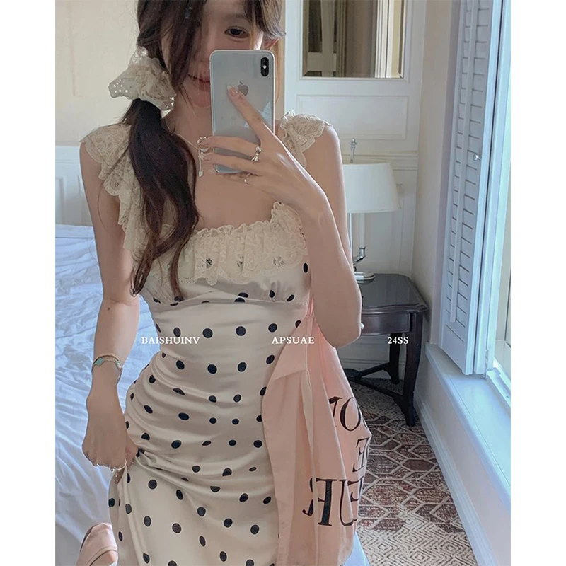 MEXZT Vintage Polka Dot Midi Dress Women Elegant Party Lace Sleeveless One Pieces Dresses Summer Korean Beach Bodycon Vestidos