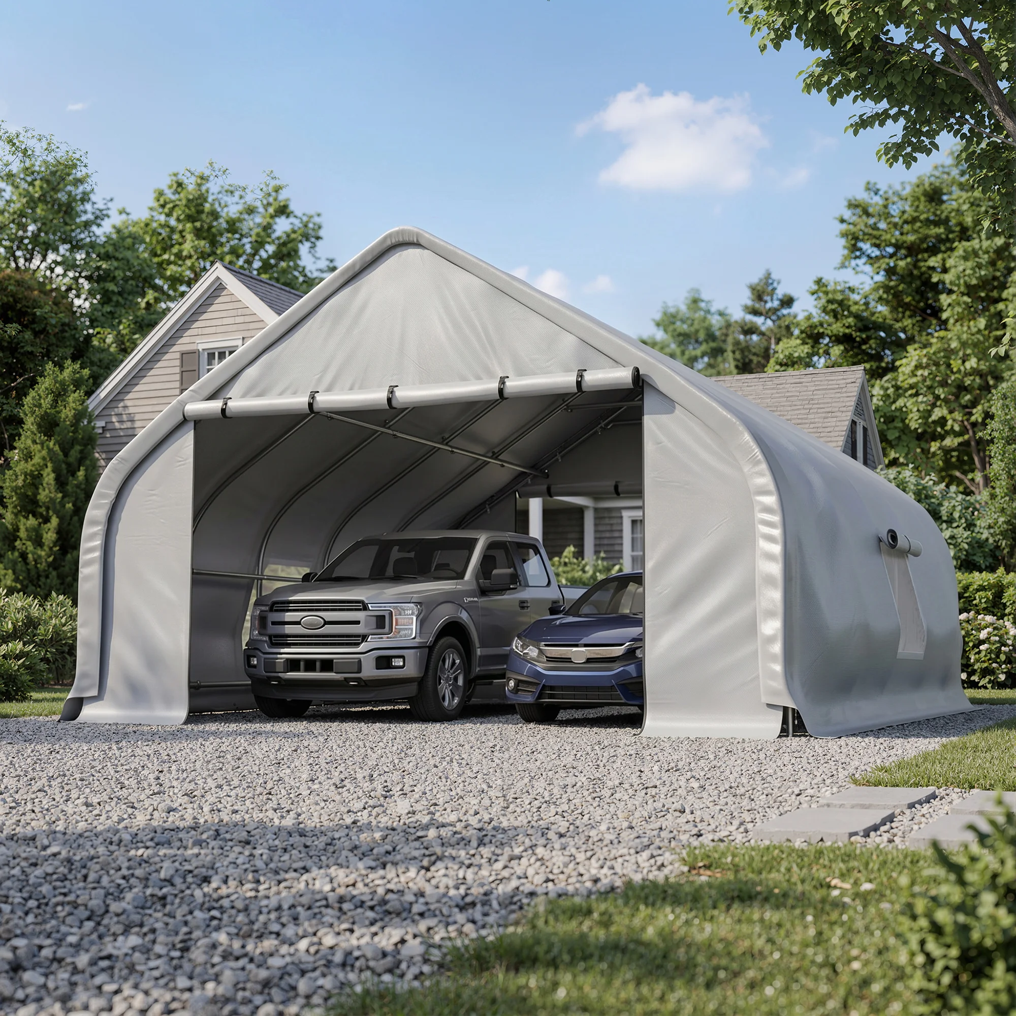 20x20 FT Heavy Duty Curved Carport, Portable Car Tent Garage with Reinforced Galvanized Steel Frame, Enclosed Car Port Canopy with Roll-Up Windows & Doors for Truck, Boat, Silver