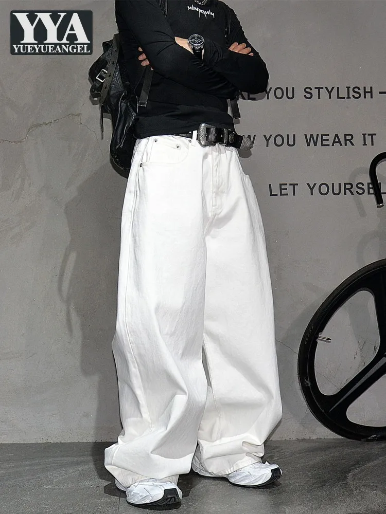 Fashion New High Street Loose Fit Males Versatile Jeans Beige White Wide Leg Cargo Pant Casual Denim American Style Men Trousers