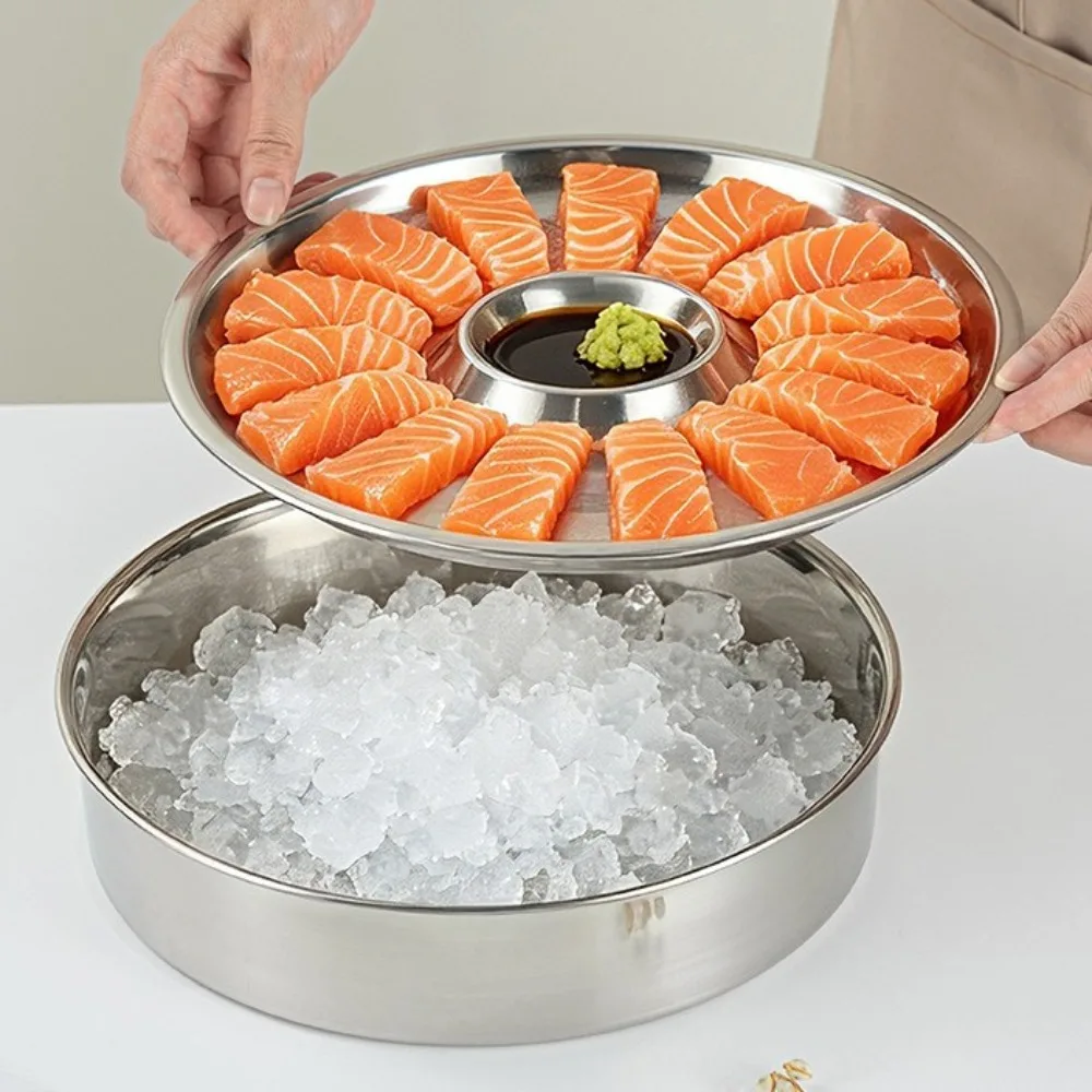 Stainless Steel Sashimi Ice Plate Round with Dipping Dish Food Display Tray Chiller Tray Detachable Seafood Sushi Tray