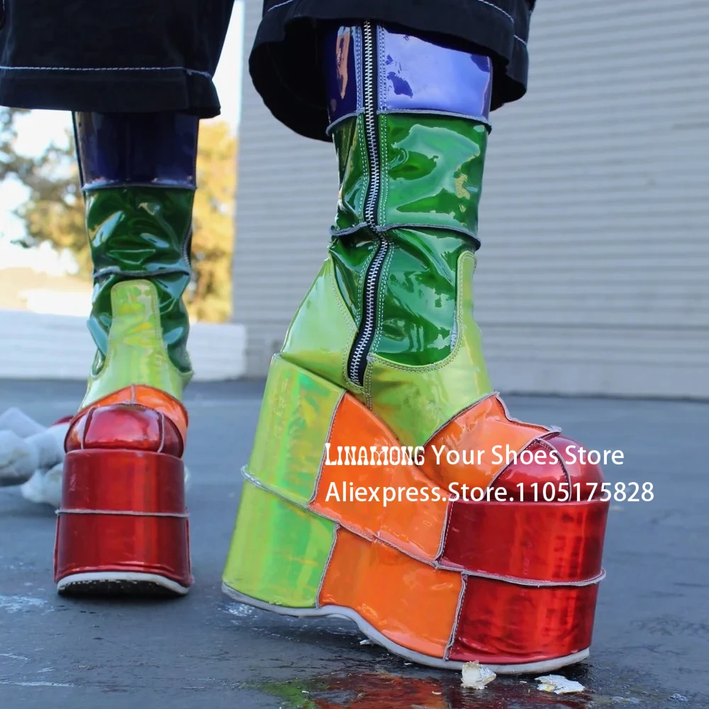 

Rainbow Metallic Leather Stacked Platform Boots Fashionable Style Colorblock Wedge Boots Round Toe Side Zipper Knee High Boots