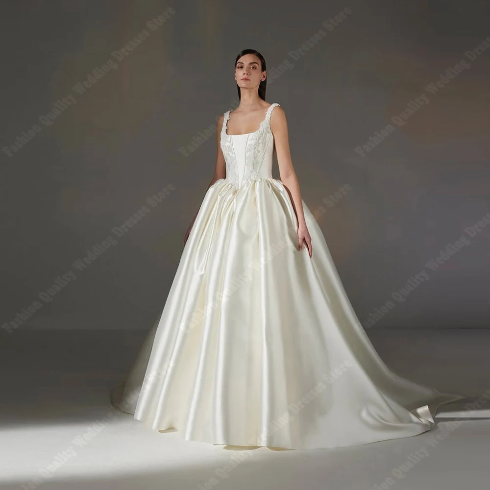 Suknie ślubne 2025 z kwadratowym dekoltem, linia A, eleganckie, błyszczące satynowe suknie dla panny młodej, długość do ziemi, bankietowe Vestidos De Novias, szyte na miarę.