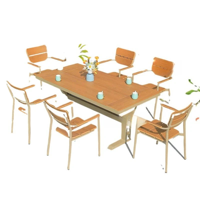 

Villa courtyard metal table and chair terrace one table and six chairs combination garden rain and sun protection