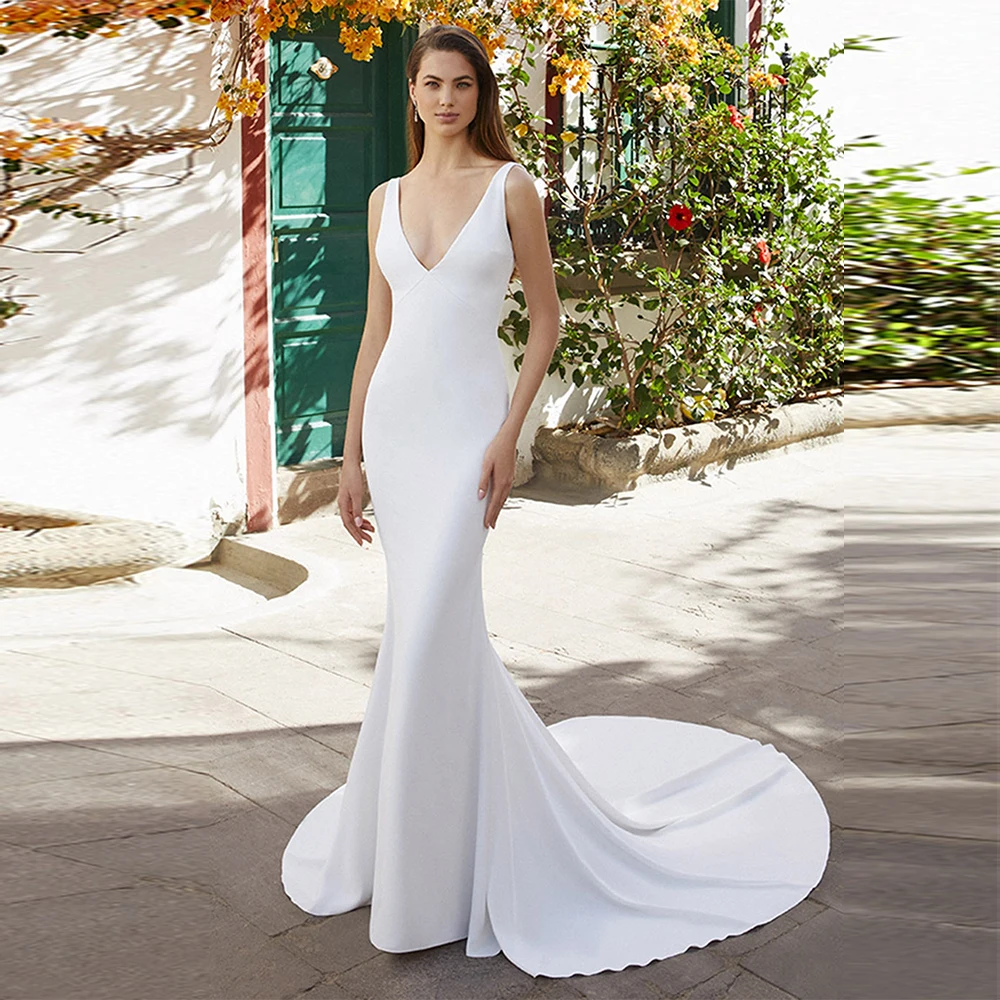 

Simple Long Charmeuse Button Ruched Wedding Party Trumpet V-neck Bespoke Occasion Gown Gowns for Women 2024 Bride