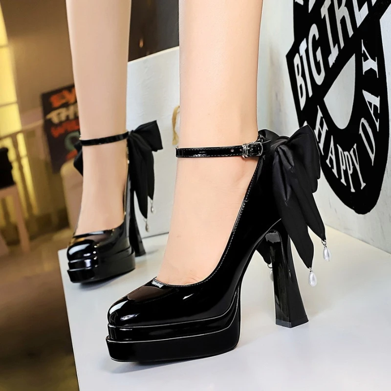 European and American Ultra-high Heel Double-layer Waterproof Table One-character Buckle with Bow Single Shoes Women