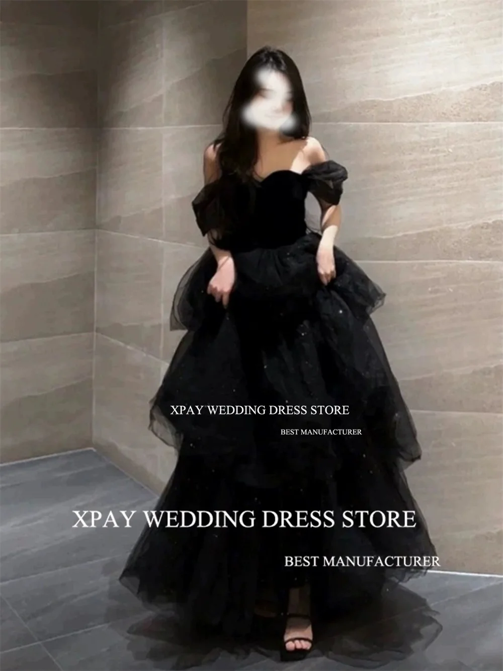 XPAY Sweetheart Off Shoulder Black Wedding Dresses Sparkly Lace Wedding Photo Shoot Bridal Gown Corset Tiered Long Bride Dress