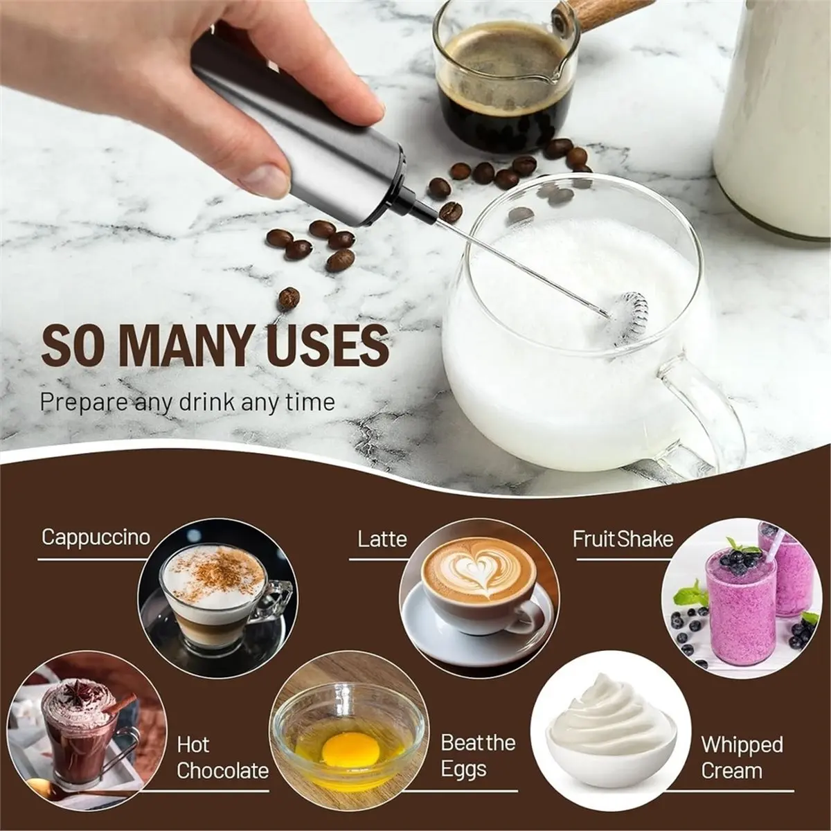 Milk Frother Wand for Coffee,Foamer,Latte,Cappuccino,Chocolate,Egg Rechargeable Electric Handheld Frother Whisk