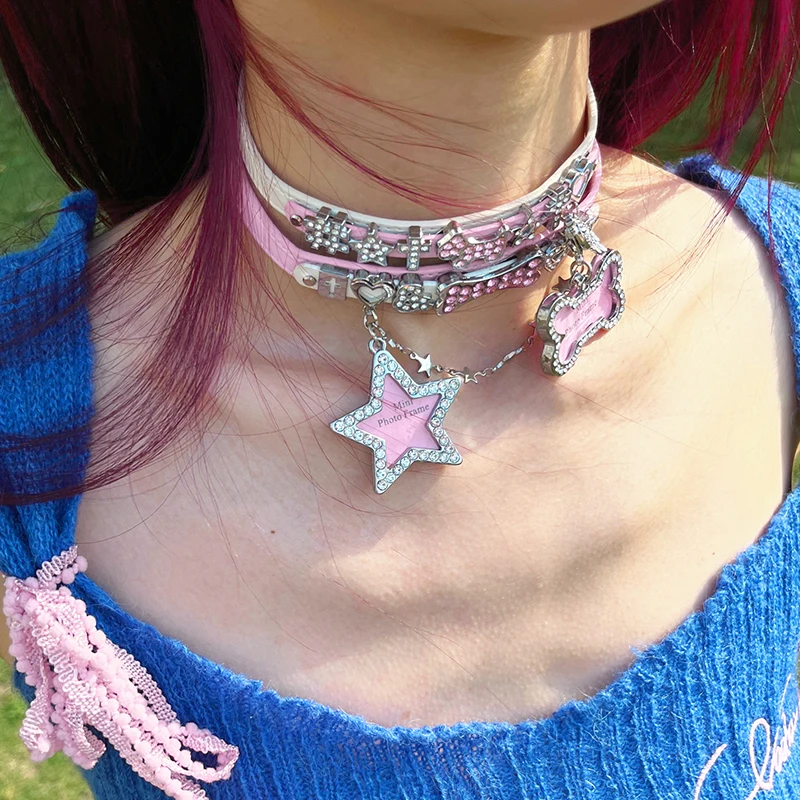 Y2K Choker Crystal Bone Pendant Necklace Kawaii Jewelry Cross Shiny Star Necklace Women Korean Fashion Accessory Punk Harajuku