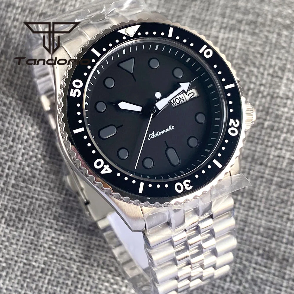 Tandorio 41mm NH36A 200m männer Automatische Dive Armbanduhr 120 Klicks Rotierenden Lünette Saphirglas Woche Datum Zifferblatt stahl Armband