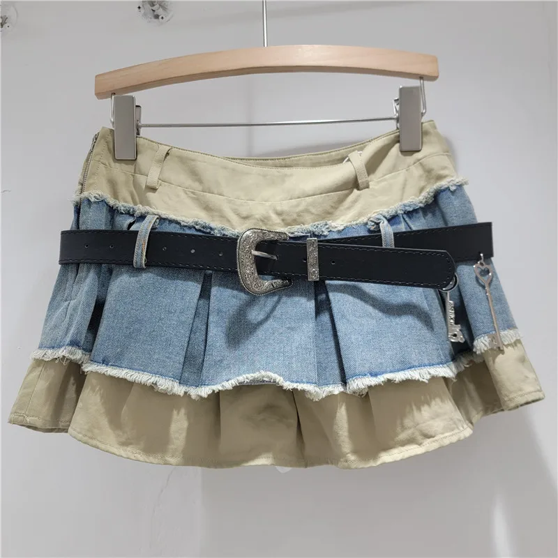 Fashion Women's Skirt Versatile Irregular American Design Pleated Spice Girl Short Skirt Niche Splicing Denim Mini Skirt