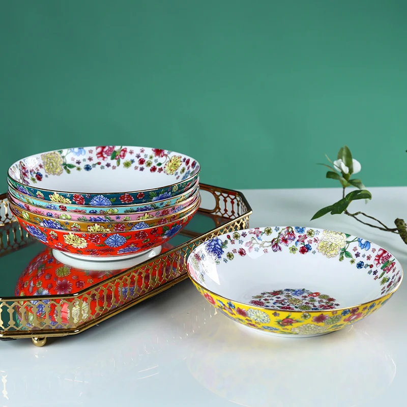 Golden Stroke Painted Ceramic Plate Chinese Classical Deep Dishes Million Flowers Decorative Dinner Plates Fruit Salad Dishes