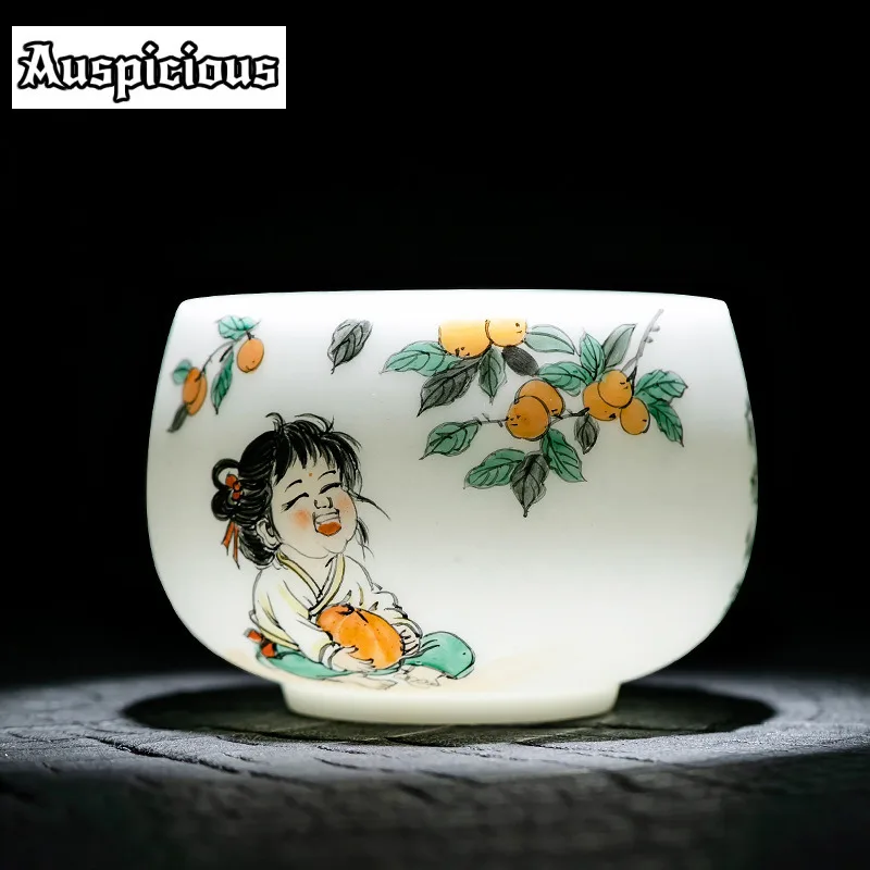 160ml Mutton Fat Jade Porcelain Master Cup Hand-pained Countryside Girl Tea Cup Tasting Mug Tea Bowl Personal Cup Tea Ceremony