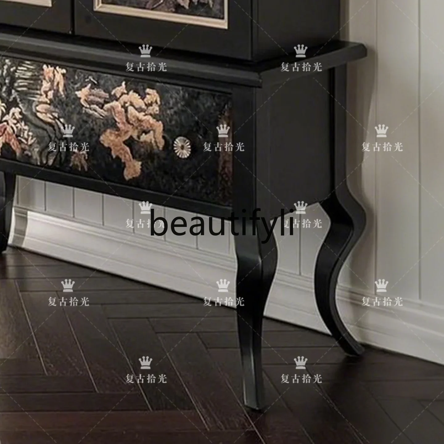 French retro solid wood carving flower wine cabinet painted decorative cabinet living room vertical locker