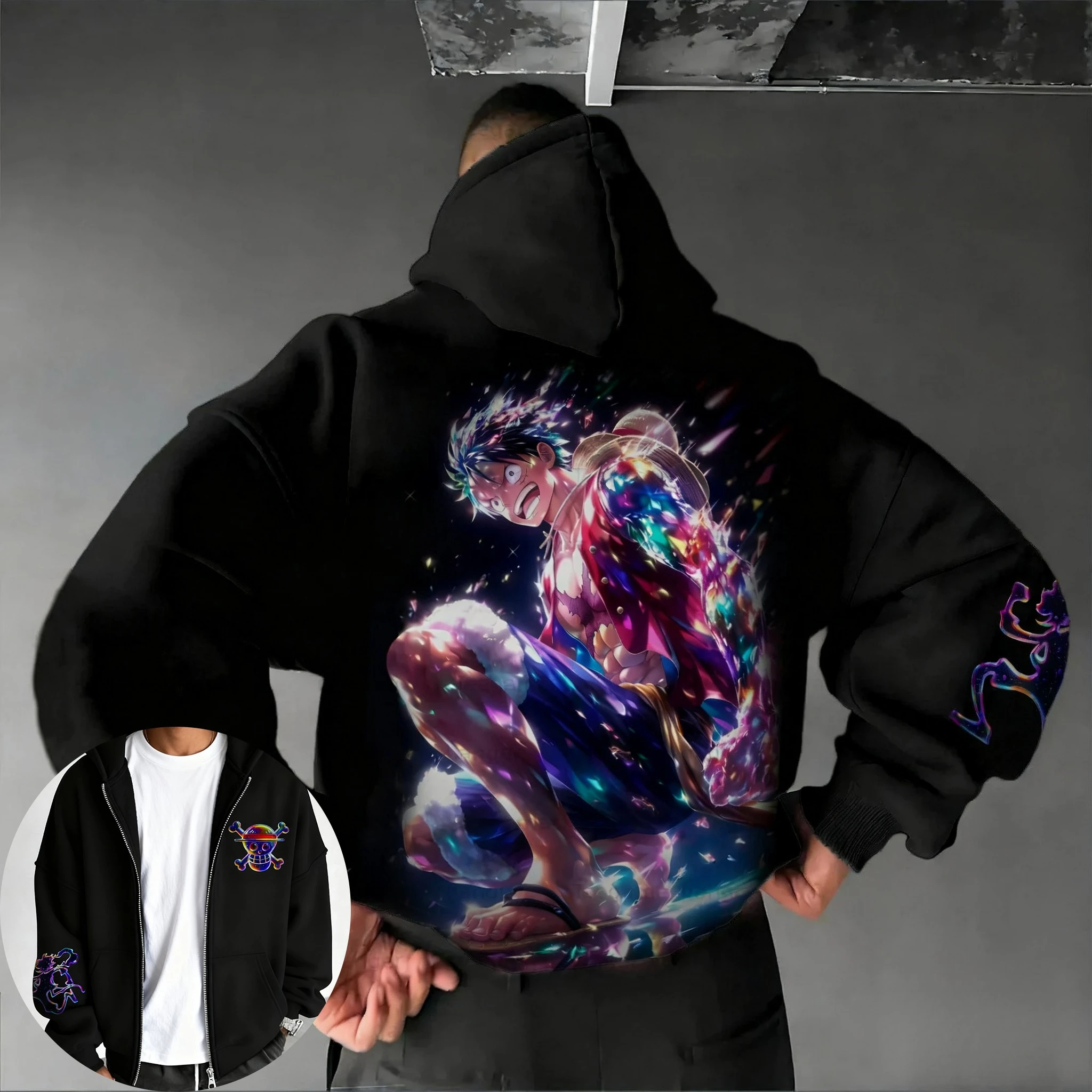 

ONE PIECE Men's Zipper Hoodie 2025 Autumn/Winter New Collection Luffy Anime Hand Drawn Printed Hip Hop Casual Loose Sweater Top