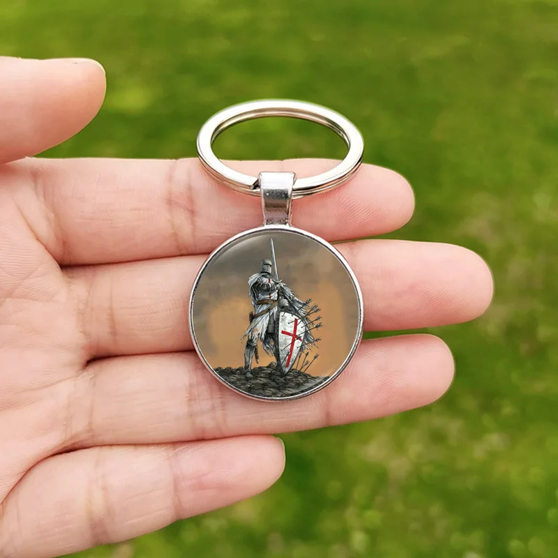 FIMAO Knights Templar Red Cross Keychain Army Crusade Solomon Freemason Symbol Glass Gem Metal Key Ring Holder Jewelry Gifts
