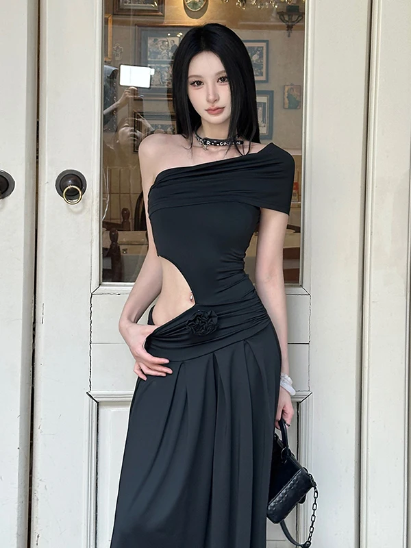 エレガントな韓国風の奇妙なデザインのロングドレス、女性用、ウエストを絞った肩出しドレス、花柄装飾、夏の季節のドレス