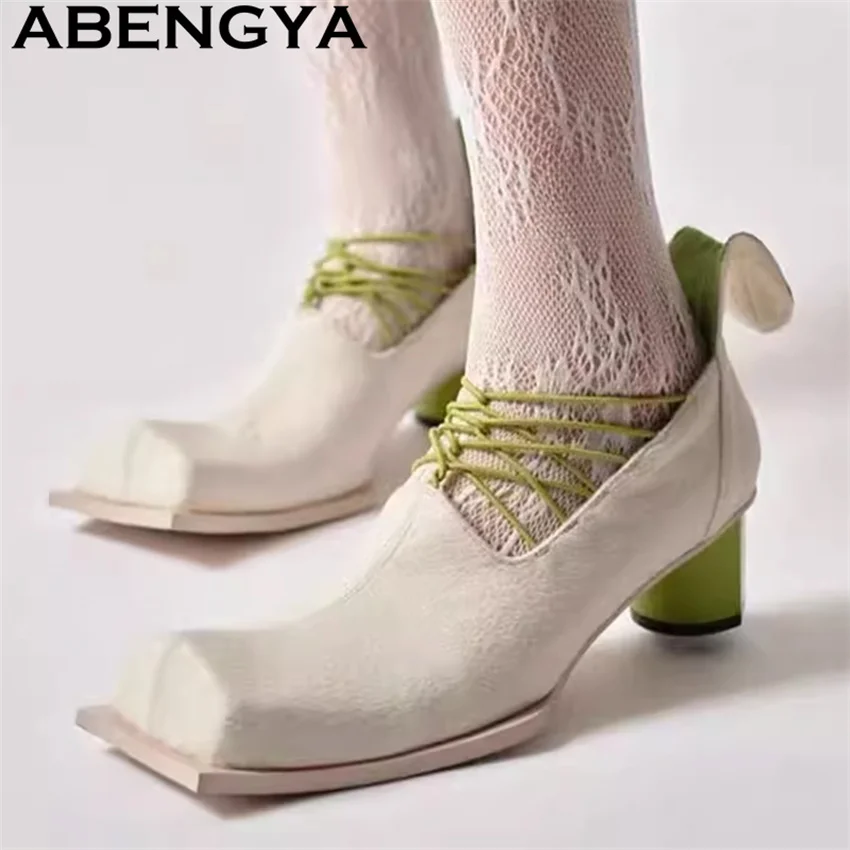 Square Toe Lace Up Chunky Heels Shoes Women's Fashion Week Rome Designer Tabi Ninja Shoes Summer Loafers Shoes Mujer Zapatos